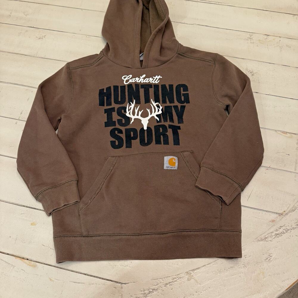 Carhartt Boys Brown Pullover Hoodie Hunting Deer Graphic Print Size M 10-12